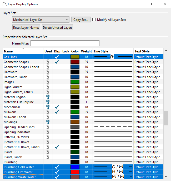 Layer Display Options dialog with the custom layers selected
