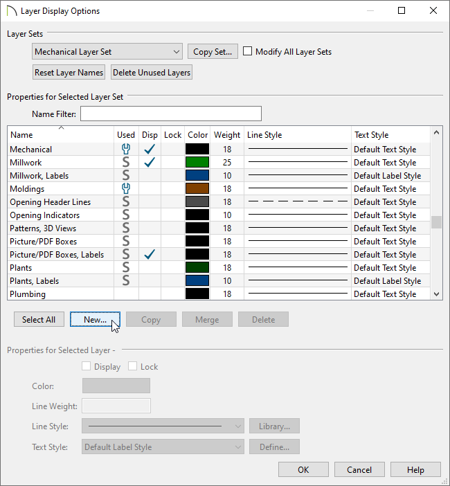Creating a new layer in the Layer Display Options dialog