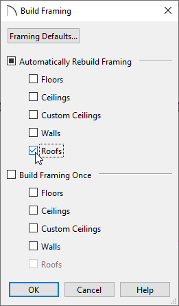 Check the Roofs box in the Build Framing dialog