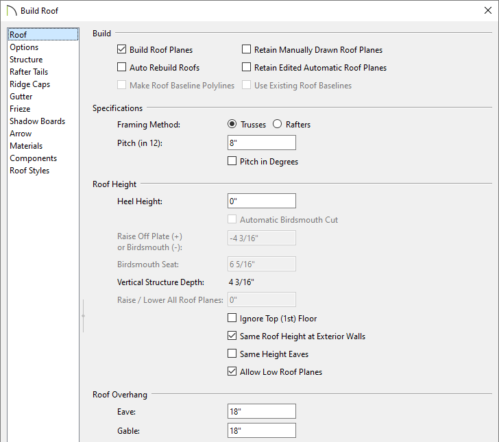 Specifying the roof settings and building the roof