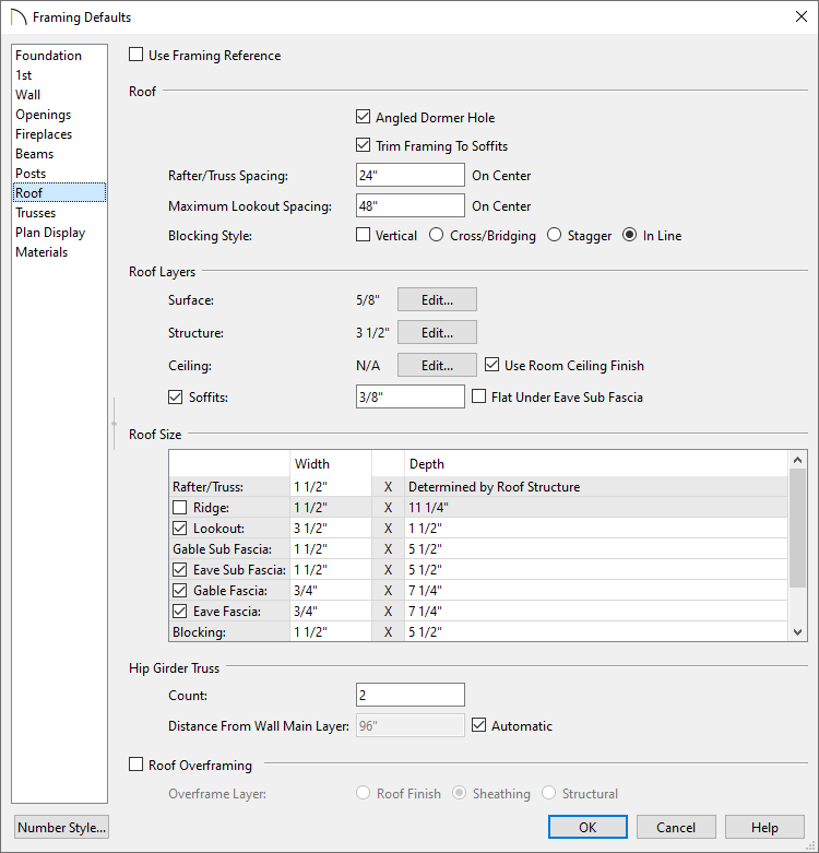 Roof panel of the Framing Defaults dialog