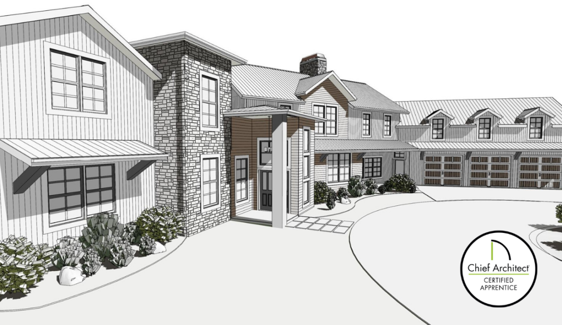 Technical Illustration rendering of a two story rancher-style house with a large entryway.