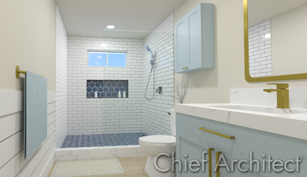 A small bathroom with a shower, designed in Chief Architect.