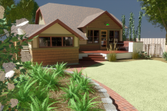 backyard with ferns in a raised bed looking at craftsman house's gable walls and deck with built-in seating