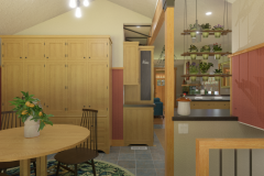 dining room with round table and burgundy textured wall opens to  kitchen