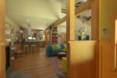 interior view from room with wainscoting looks across a living room with wood floors to a peninsula kitchen