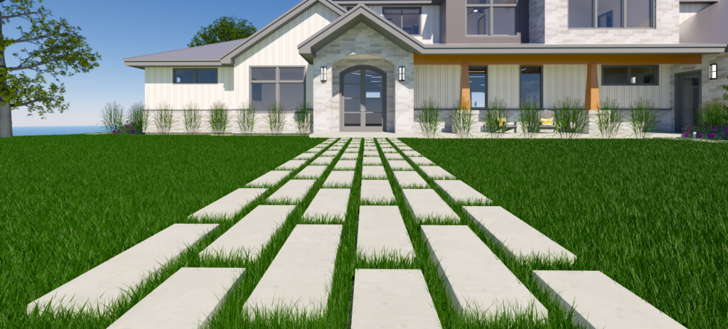 A rendering that highlights the realistic procedural grass feature in Chief Architect with an exterior home rendering in the background.